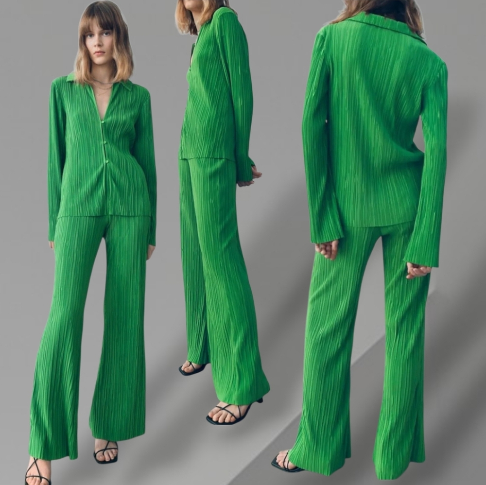 Zara Women's Kelly-Green Plissé Flare Shirt & Wide-Leg Pants Co-ord Set